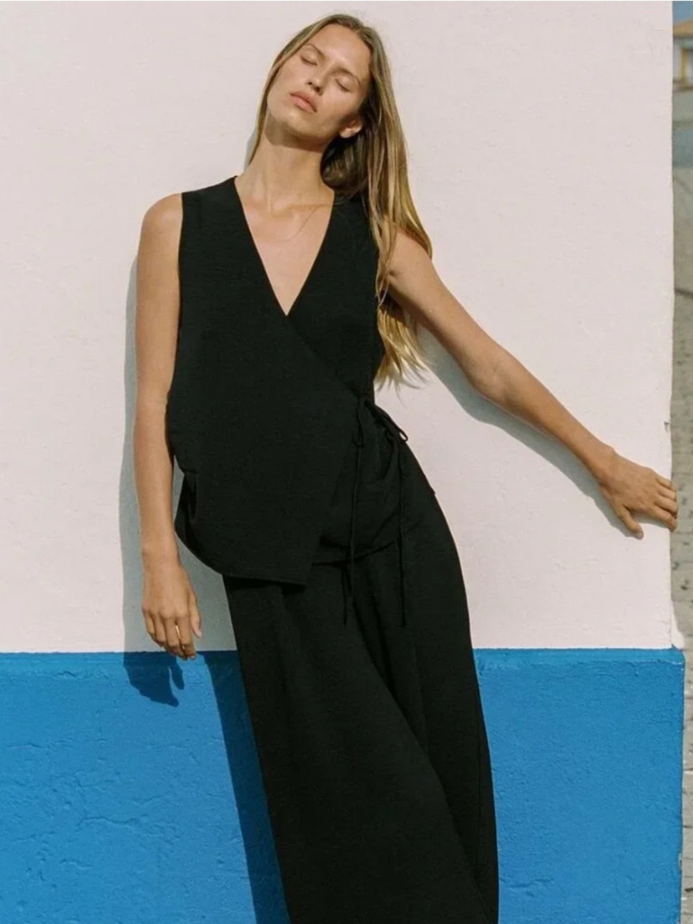 Zara Sleeveless Black Wrap Top and wide leg trousers set